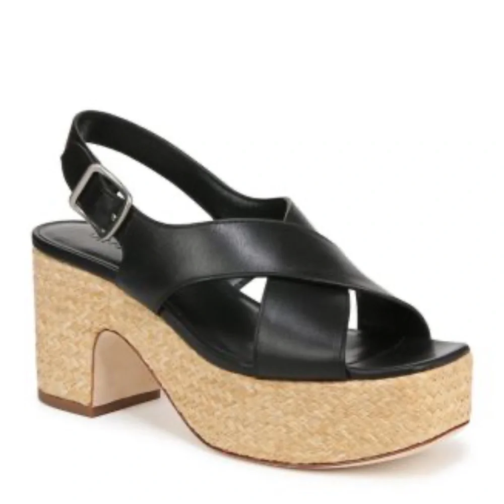 Vince Clementine Black Leather Platform Sandals Size 7.5 - Picture 2 of 9